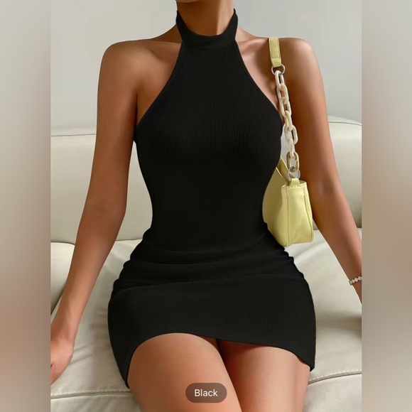 Dresses & Skirts - Halter Neck Mini Dress, Sleeveless Rib Knit Party Casual Dress